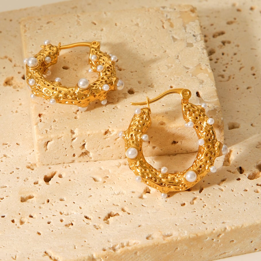 1 Pair Daily Irregular Shape Stainless Steel  Gold Color Pearl Women's Hoop Earrings Picture6