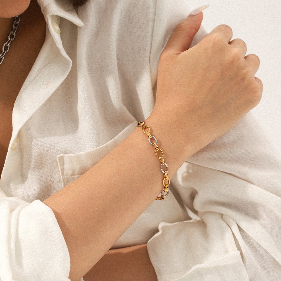 Pulsera de cadena de acero inoxidable para mujer, 1 pieza, colores dorado y plateado mixtos Imagen5