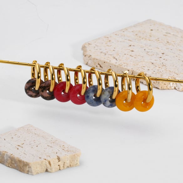 1 Pair Vintage Circle Stainless Steel Gold Color Natural Stone Women's Drop Earrings