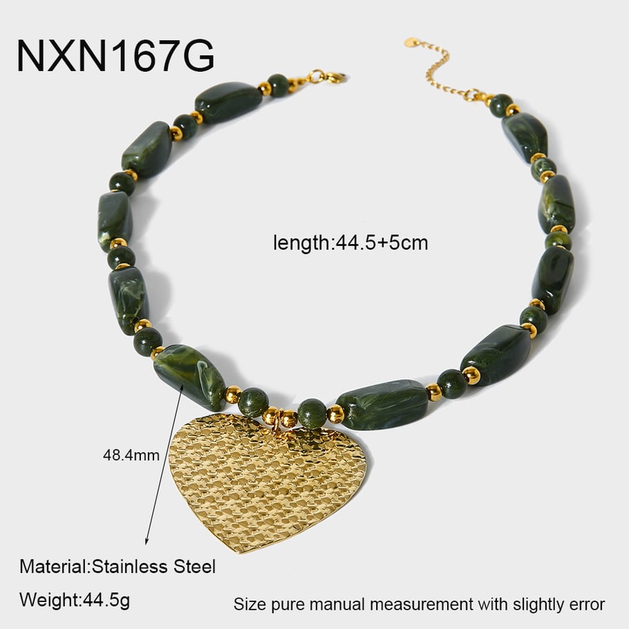 1 Piece Retro Acrylic Beads Gold Color Heart Pendant Necklace 