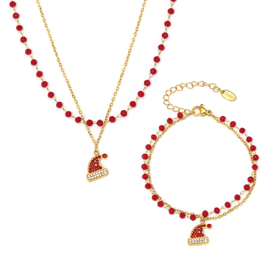 Set di gioielli da donna in acciaio inossidabile color oro con cappello di Babbo Natale e zirconi Immagine2