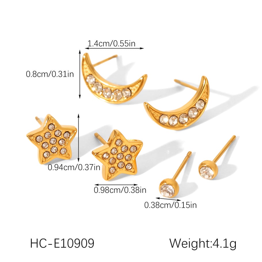1 set di orecchini da donna di lusso in acciaio inossidabile con stella e luna color oro e zirconi Immagine2