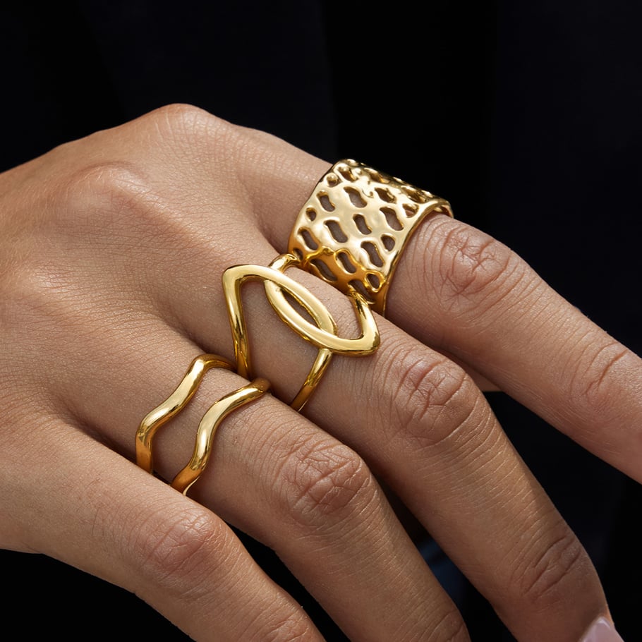 1 pezzo semplice anello di dichiarazione in acciaio inossidabile di forma irregolare color oro Immagine2