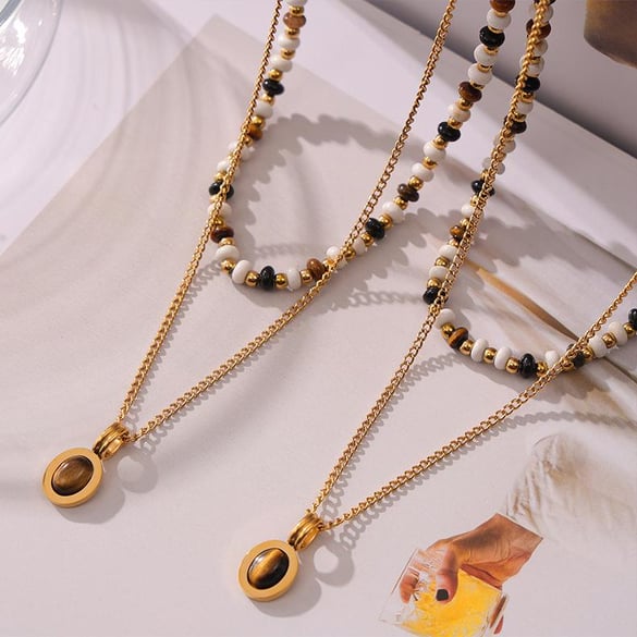 1 pezzo classico ovale in pietra naturale in acciaio inossidabile color oro, collane con perline da donna 2