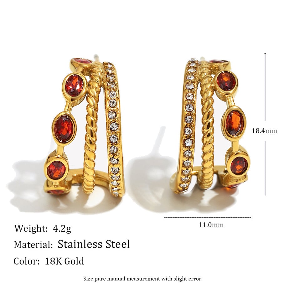1 par de pendientes de aro clásicos de acero inoxidable con circonita roja en color dorado para mujer Imagen2