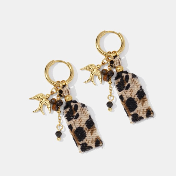 1 Pair Leopard Fabric Bird Stainless Steel Gold Color Drop Earrings 2
