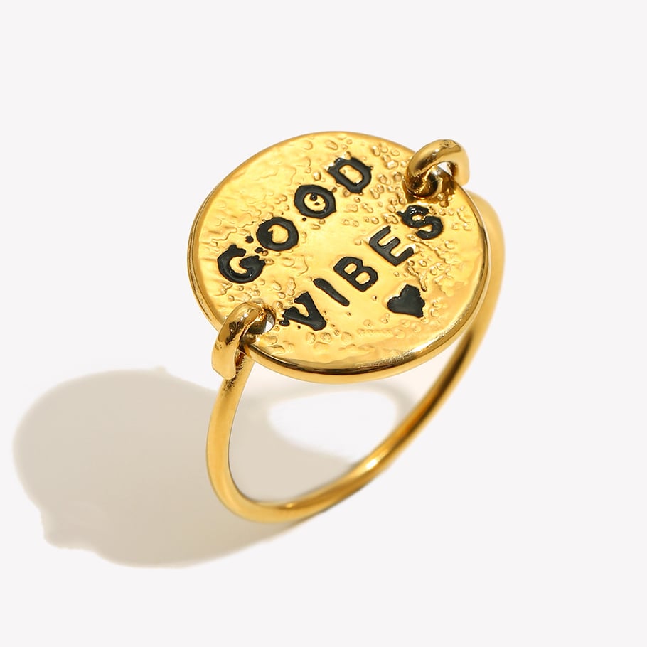 1 Piece Daily Good Vibes Stainless Steel Gold Color Statement Rings 
