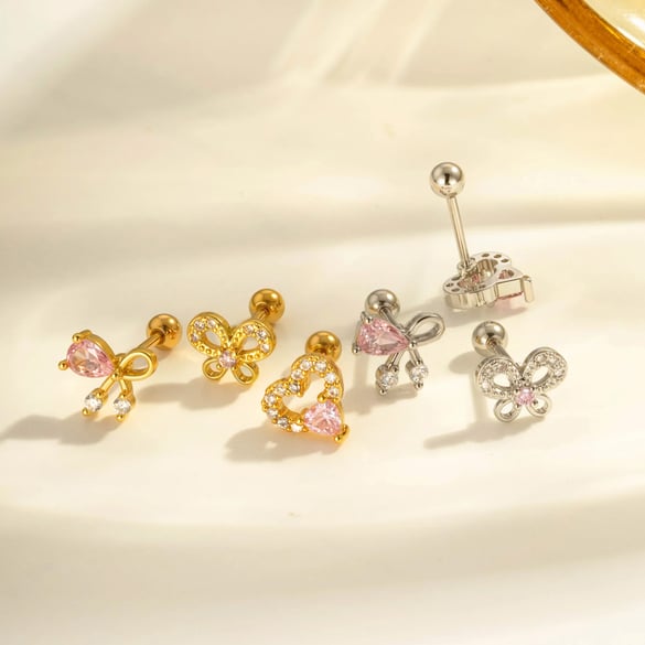 1 Stück Herz Bogen Knoten Schmetterling Kupfer Gold Farbe Zirkon Piercing Ohrring 2