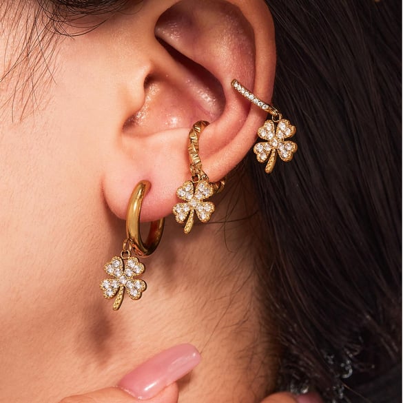 1 Pair Elegant Clover Stainless Steel Gold Color Zircon Women's Drop Earrings 2