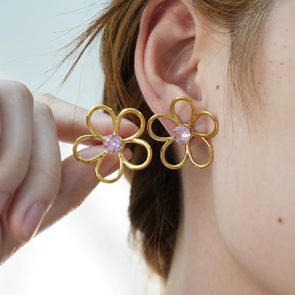 1 Pair Simple Natural Flower Stainless Steel  Gold Color Zircon Statement Rings