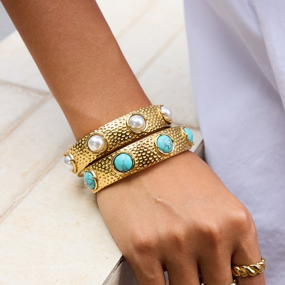 1 Piece Retro Circle Stainless Steel Gold Color Natural Stone Women's Cuff Bracelets 2