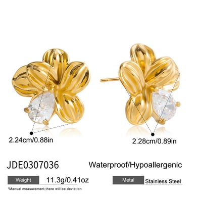 1 Pair Romantic Flower Stainless Steel Gold Color Zircon Women's Stud Earrings h5 Picture2