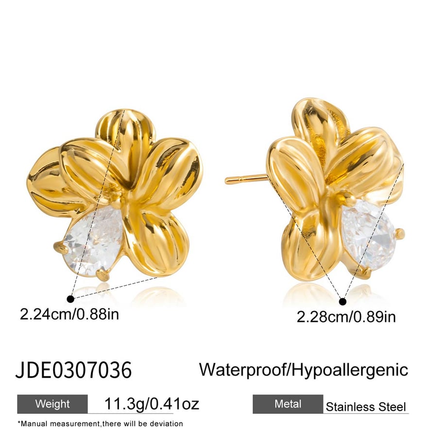 1 Pair Romantic Flower Stainless Steel Gold Color Zircon Women's Stud Earrings Picture2