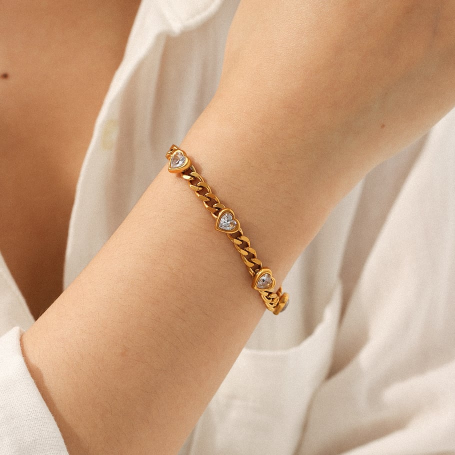 1 Piece Luxurious Heart Stainless Steel Gold Color Zircon Women's Chain Bracelets h5Picture3