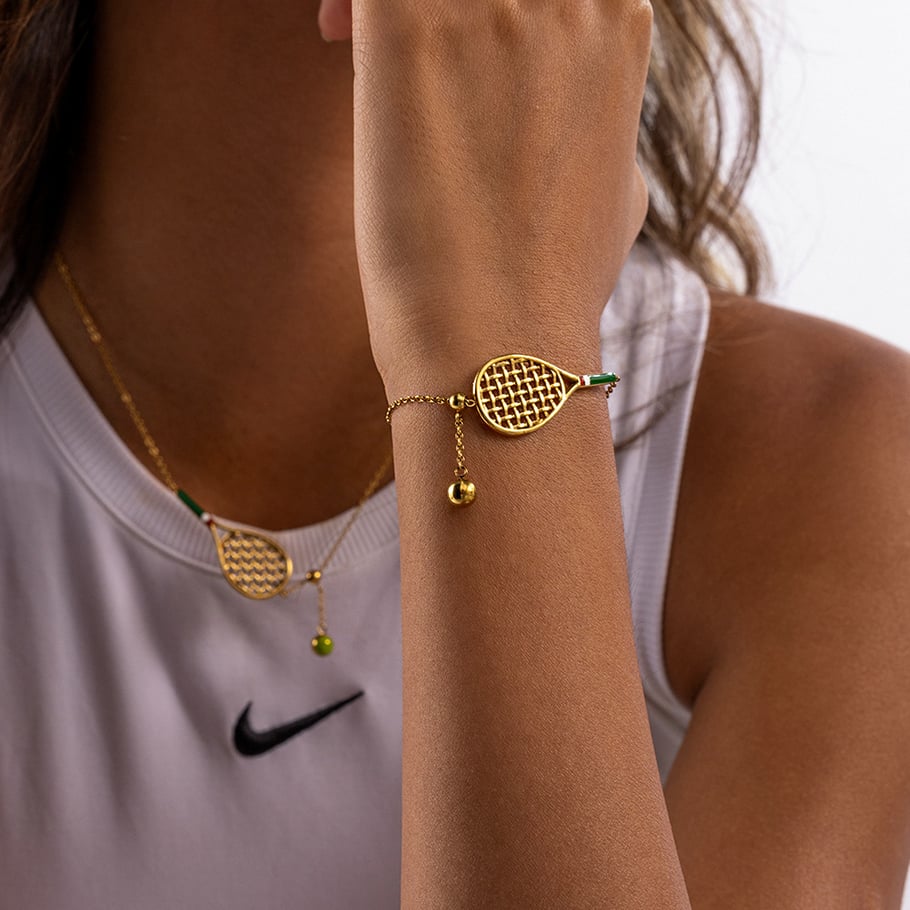 Conjuntos de joyas para mujer de acero inoxidable color dorado con raqueta de tenis deportiva Imagen3