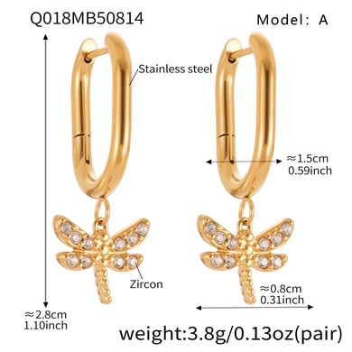 1 Pair Exquisite Dragonfly Stainless Steel Gold Color Zircon Women's Drop Earrings h5 