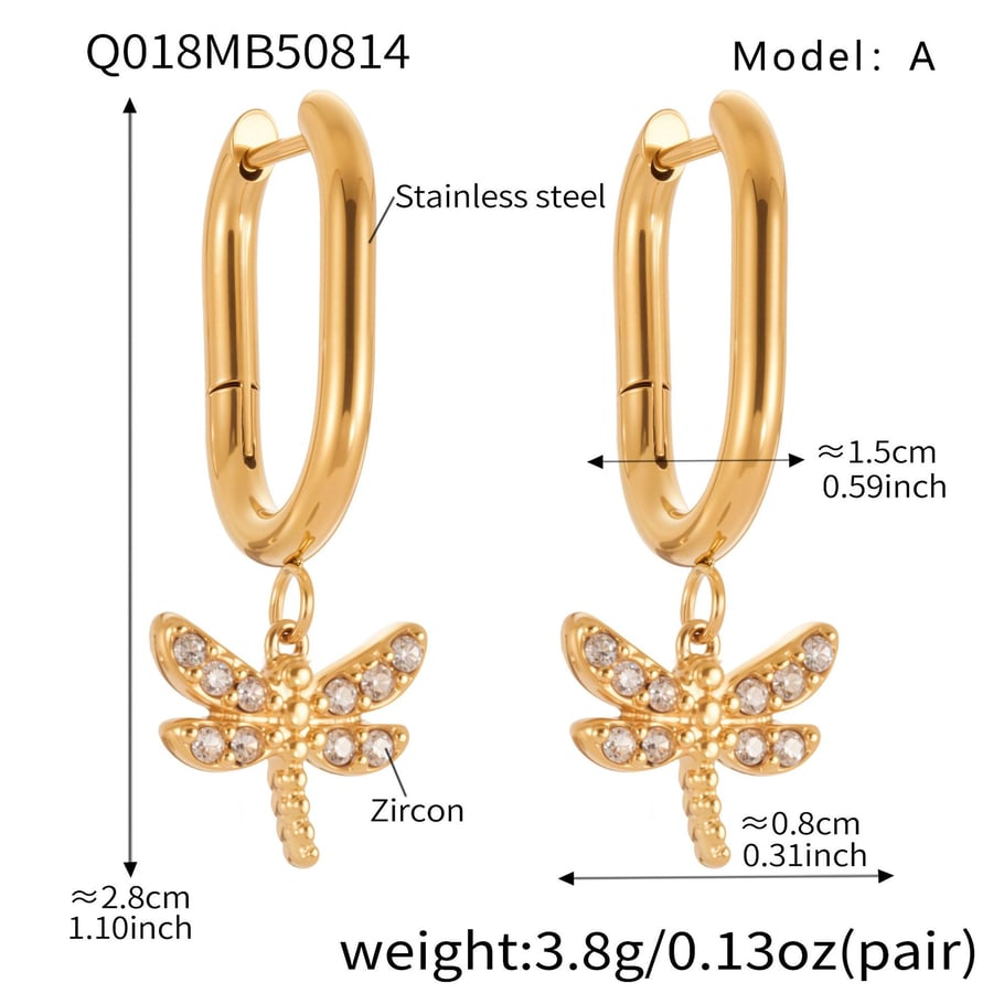 1 Pair Exquisite Dragonfly Stainless Steel Gold Color Zircon Women's Drop Earrings 