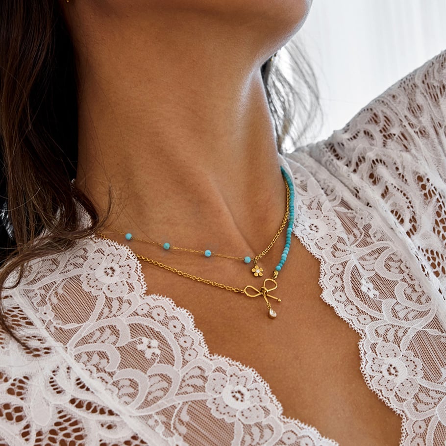 1 Piece Elegant Bow Knot Beads Stainless Steel Gold Color Women's Layered Necklaces Picture4