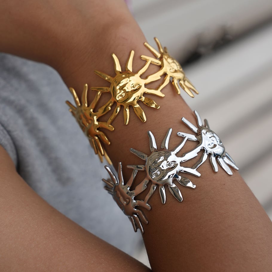 Braccialetti da donna in acciaio inossidabile color oro con sole retrò, serie semplice, 1 pezzo Immagine3