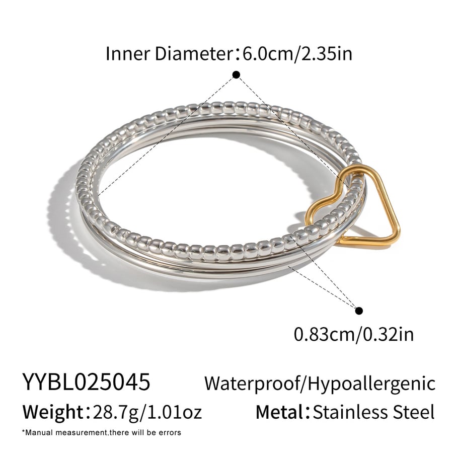 1 Piece Stainless Steel Mixed Color Heart Buckle Bangle 