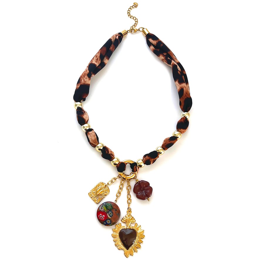 1 Piece Leopard Fabric Heart Resin Pendant Necklace 