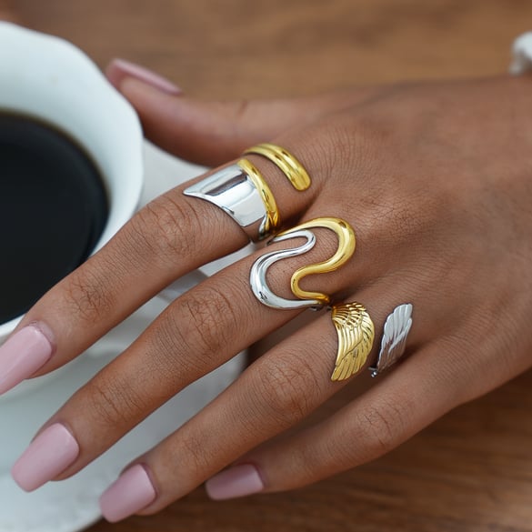 1 Piece Retro Mixed Gold Color And Silver Colors Wings Stainless Steel  Women's Statement Rings