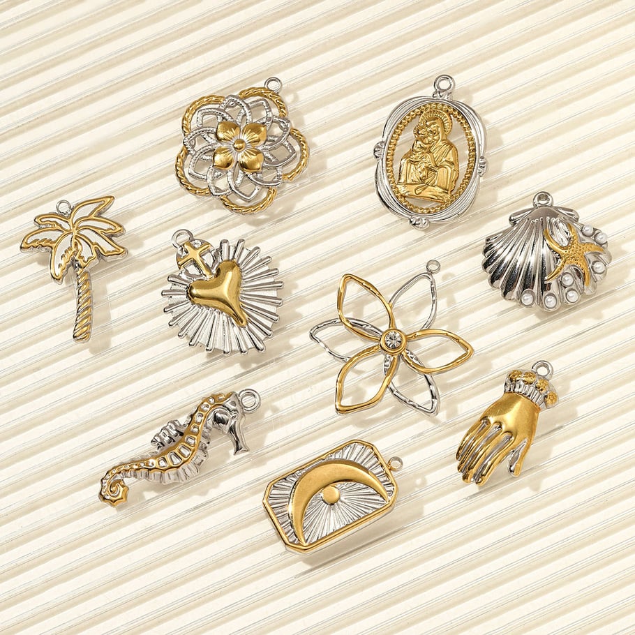 Pendentif en acier inoxydable pour femme, 1 pièce, motif fleur, couleurs or et argent mélangées Image5