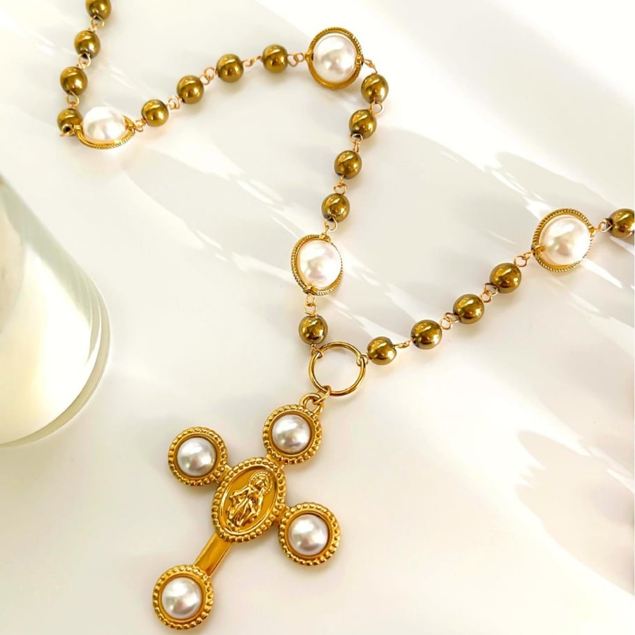1 Stück Kreuz Kunstperle Goldfarbene Perlenkette Bild4