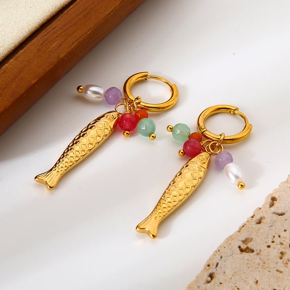 1 Pair  Retro Fish Stainless Steel  Gold Color  Women's Drop Earrings 2