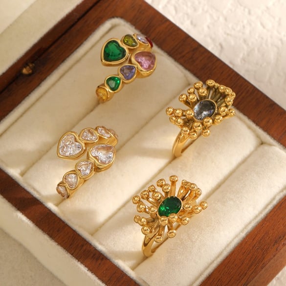 1 Piece Retro Flower Stainless Steel Gold Color Gemstone Ring