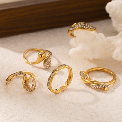 Anillo de circonita de color dorado y acero inoxidable con forma de línea de 1 pieza h5 Imagen2