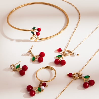 Whimsical Cherry Stainless Steel Gold Color Zircon Women's Jewelry Sets h5 Picture4