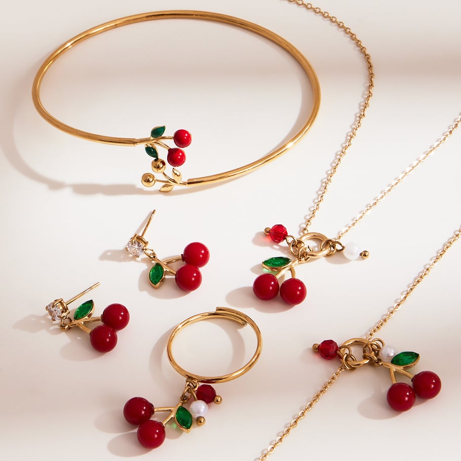 Whimsical Cherry Stainless Steel Gold Color Zircon Women's Jewelry Sets h5Picture4
