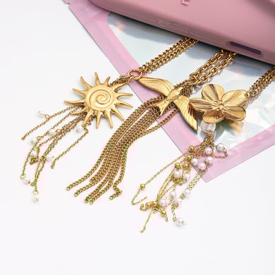 Collana lunga da donna in acciaio inossidabile color oro con nappa floreale della serie romantica da 1 pezzo h5 Immagine3