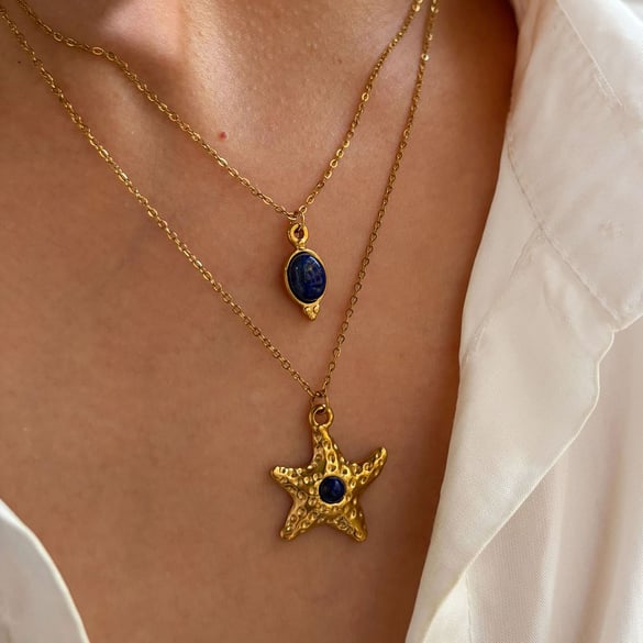 1 Piece Starfish Gold Color Natural Stone Pendant Necklace 2