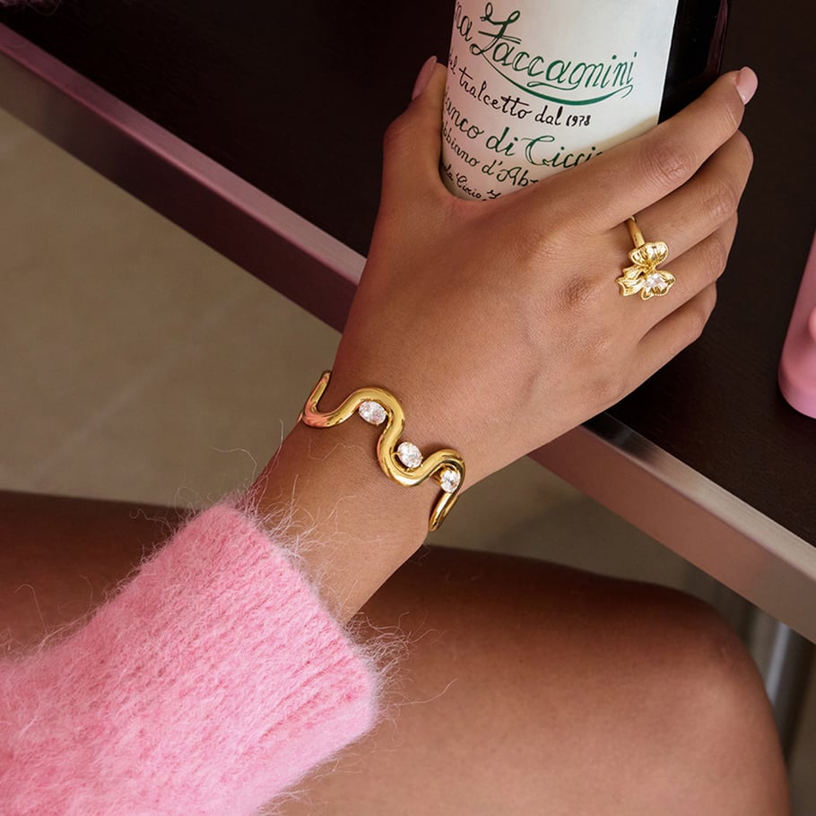 1 Piece Luxurious Curve Shape Stainless Steel Gold Color Zircon Women's Cuff Bracelets Picture3