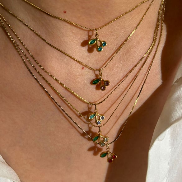 1 Piece Cherry Rhinestone Gold Color Pendant Necklace 2