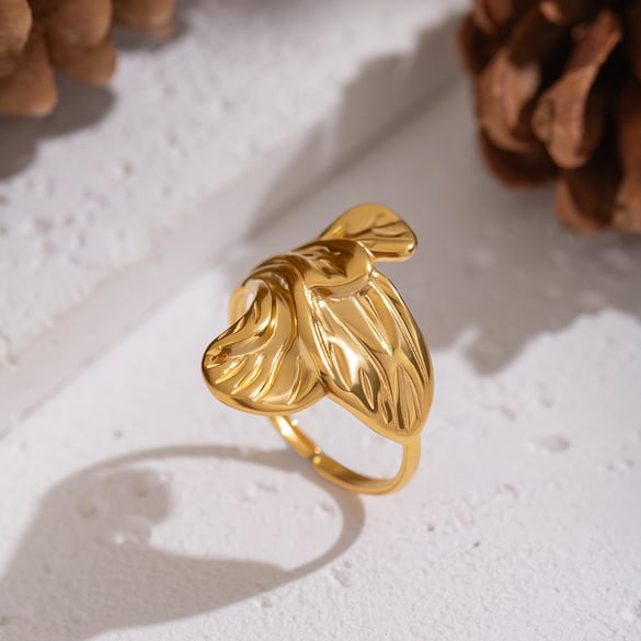 Bague de déclaration en acier inoxydable couleur or avec fleur, 1 pièce 2