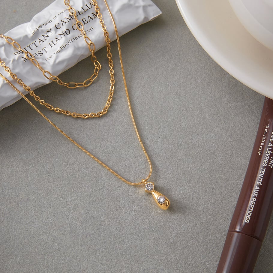 1 Piece Classic Droplet Stainless Steel Gold Color Zircon Women's Layered Necklaces h5Picture6