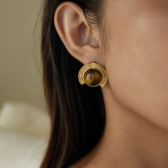 1 Pair Classic Ornate Natural Stone Stainless Steel Gold Color Women's Stud Earrings