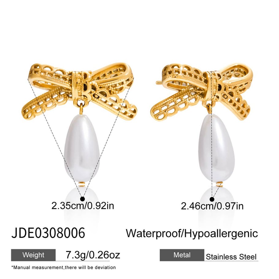 1 par de pendientes románticos de acero inoxidable con lazo y gota de color dorado para mujer Imagen2