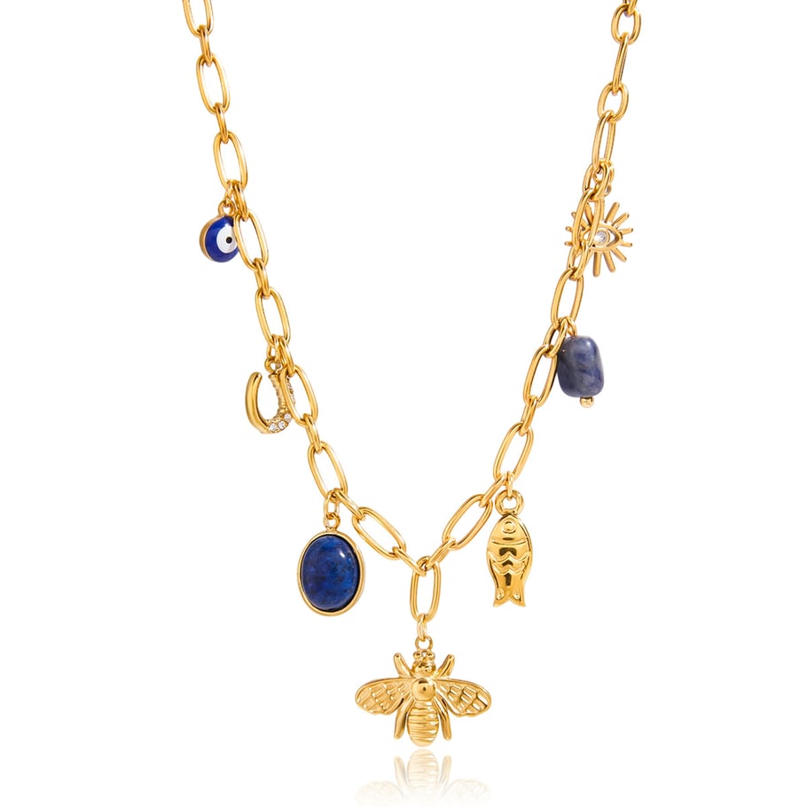 1 Piece Luxurious Bee Lapis Lazuli Stainless Steel Gold Color Women's Pendant Necklaces 