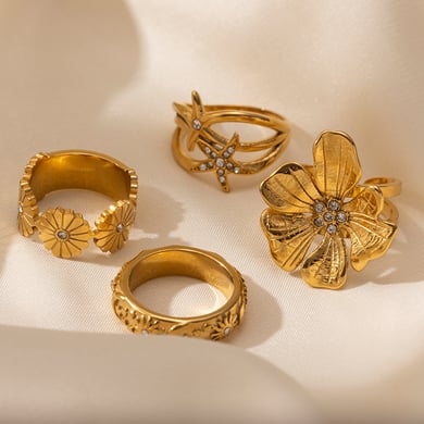 Anillo llamativo de acero inoxidable color dorado con diseño de flor de 1 pieza h5 Imagen2