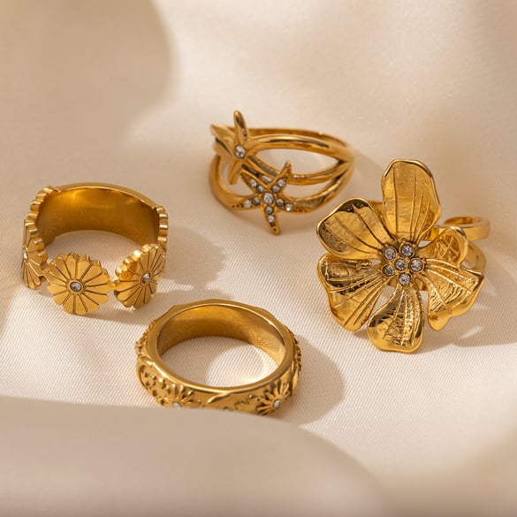 Anello con dichiarazione color oro in acciaio inossidabile con fiore da 1 pezzo