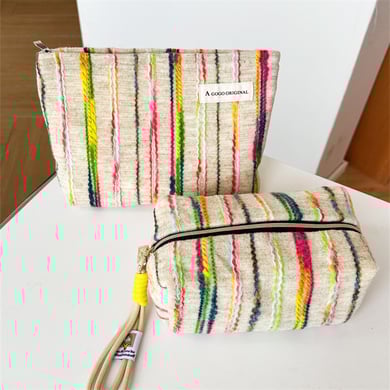 1 bolsa de maquillaje para mujer con diseño de rayas de arcoíris y bloques de color h5 Imagen4