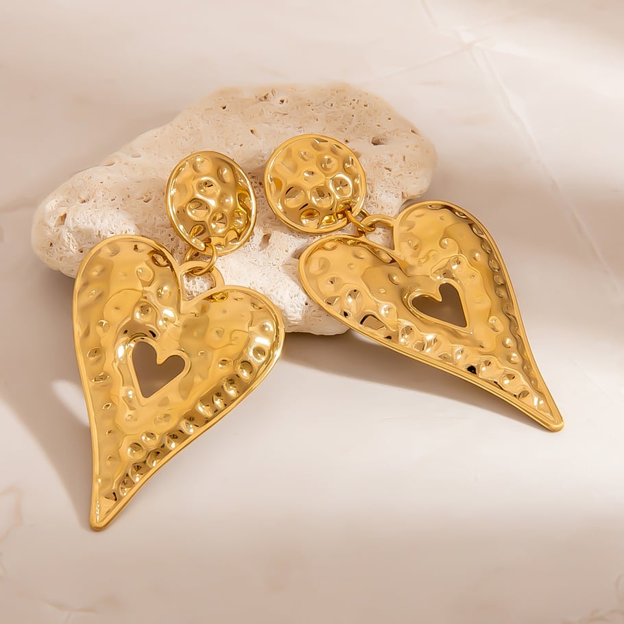 1 paire de boucles d&#39;oreilles pendantes en acier inoxydable couleur or avec motif cœur et marteau Image2
