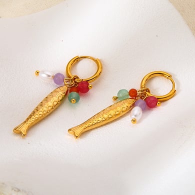 1 Pair  Retro Fish Stainless Steel  Gold Color  Women's Drop Earrings h5 Picture3