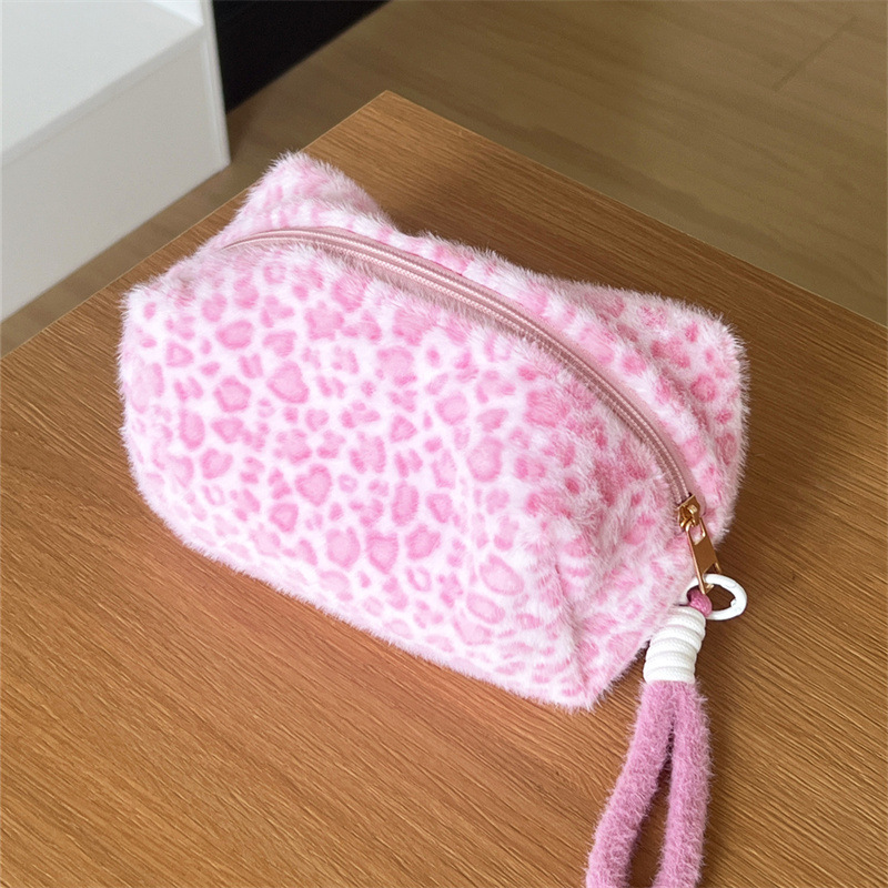 1 pezzo di borsa per il trucco da donna in peluche con stampa leopardata retrò romantica 