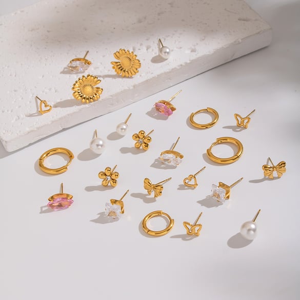 1 set di orecchini in acciaio inossidabile color oro con zirconi 2