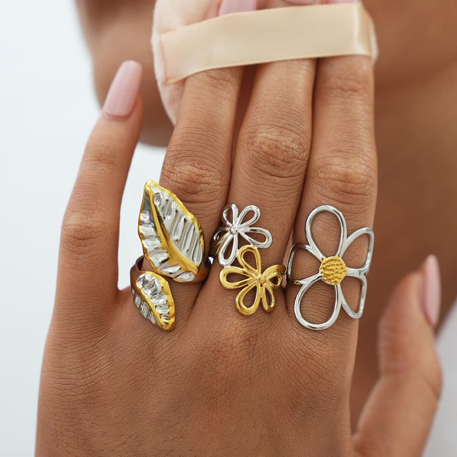 Anillos llamativos de acero inoxidable dorados con diseño de flores y plantas para mujer, 1 pieza h5Imagen4